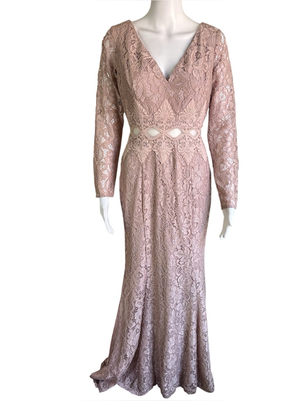 ▶️ Maniju Mauve Lace Maxi Gown Dress L Long Sleeve Crochet Waist Formal Prom NWT